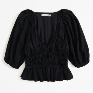 Abercrombie - Short-Sleeve Linen-Blend Babydoll Top - Size Large, Black, NWT